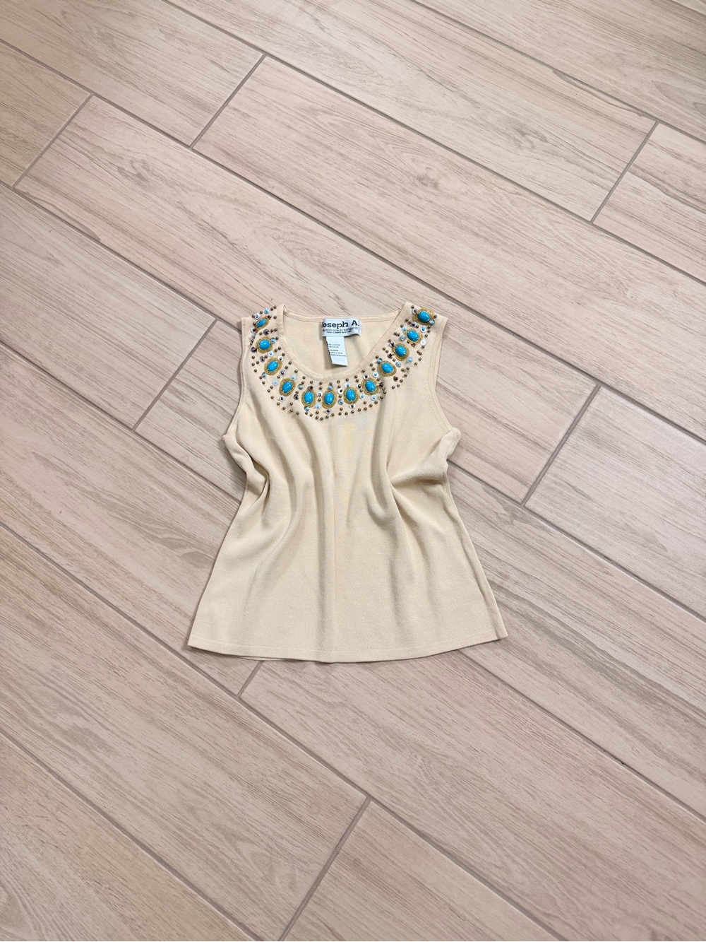 Vintage Joseph A Y2K Beaded Turquoise Tank Top Beige Cream Knit Fits Small